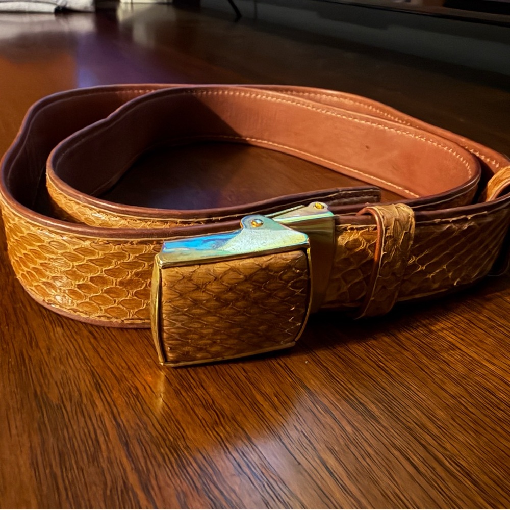 Vintage Tan Custom Snakeskin Belt with Brass Buckle - Men